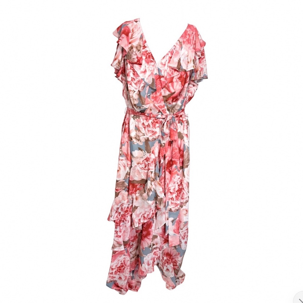 Eliza J Womens Floral Ruffle Maxi Dress 18W Pink Cascading Faux Wrap Lined